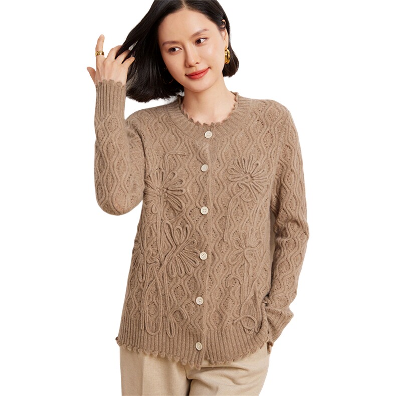 优雅女士手工绣花镂空羊绒开衫时尚百搭显瘦长袖针织外套,女装羊绒衫,臻维羊绒