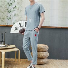 套装男士短袖T恤夏季潮流一套中国风棉麻亚麻丅搭配男装TZ029-P45，男装T恤，星座509