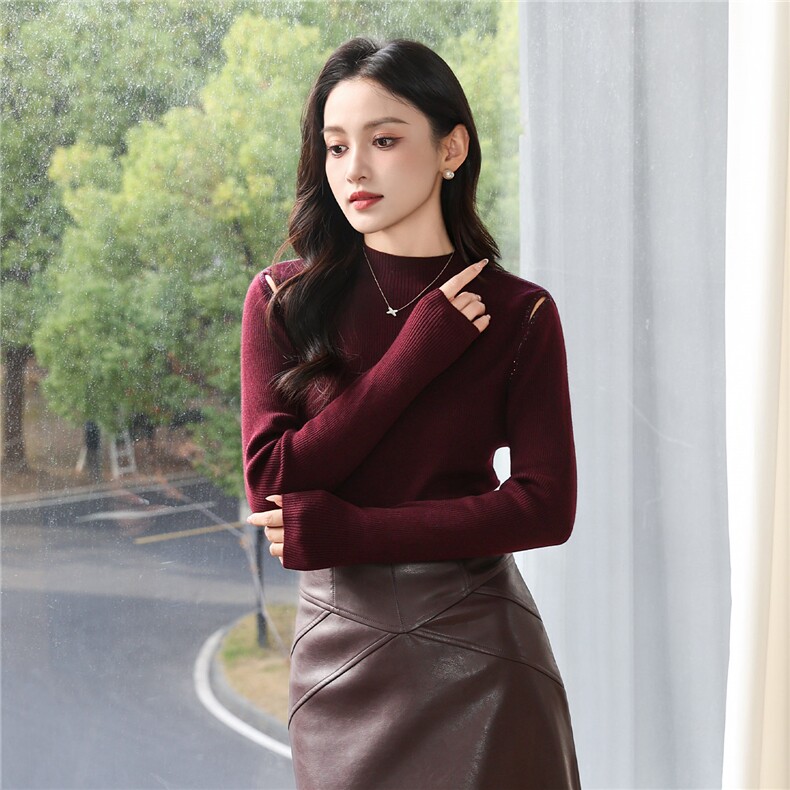 情花子半高领露肩烫钻针织衫女秋冬修身显瘦气质打底毛衣上衣,针织衫/毛衣,2C091