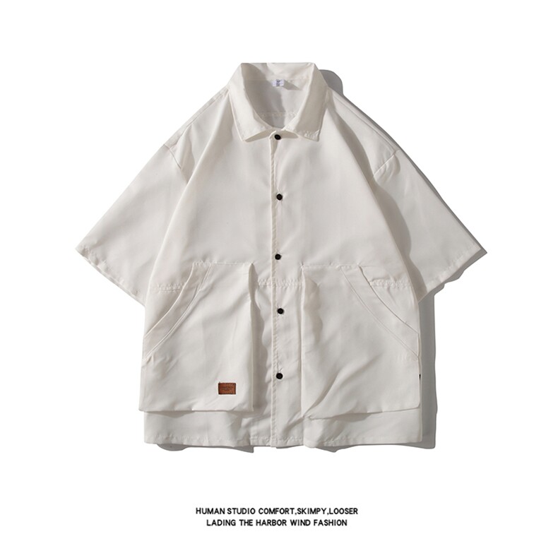 白底夏装日系复古大口袋短袖衬衫男宽松纯色衬衣C500P40,男装衬衫,电商C323