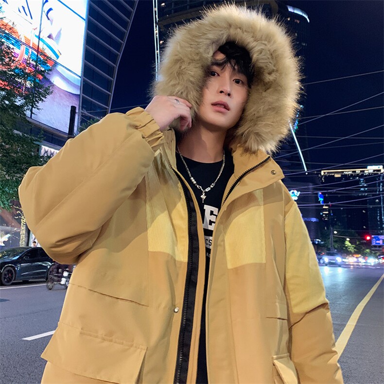 港风2026新品冬季宽松撞色棉服派克服毛领冬装加厚外套D009-P145,男装棉衣,星座717