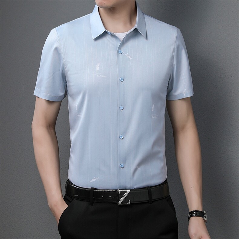 新品2024年夏季男士短袖衬衫翻领印花商务休闲中年爸爸装上衣P68,男装衬衫,钱塘6003A(原)4033A