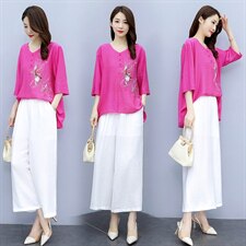 2021夏季新款简约气质圆领宽松休闲舒适时尚图案刺绣棉麻两件套，女装套装/套裙，韩宇舍