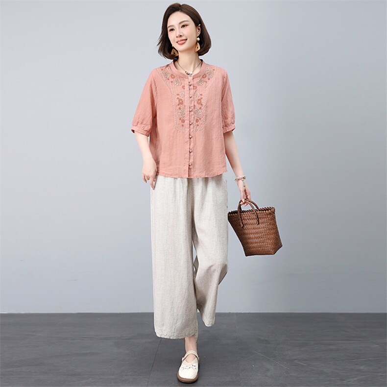 新中式苎麻套装女夏季2025新款妈妈亚麻两件套,女装套装/套裙,忆绮罗