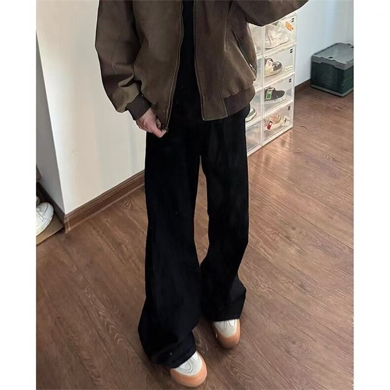 黑色加绒加厚牛仔裤男款秋冬潮牌痞帅vibe裤子cleanfit直筒微喇裤,男装牛仔裤,四季星座505