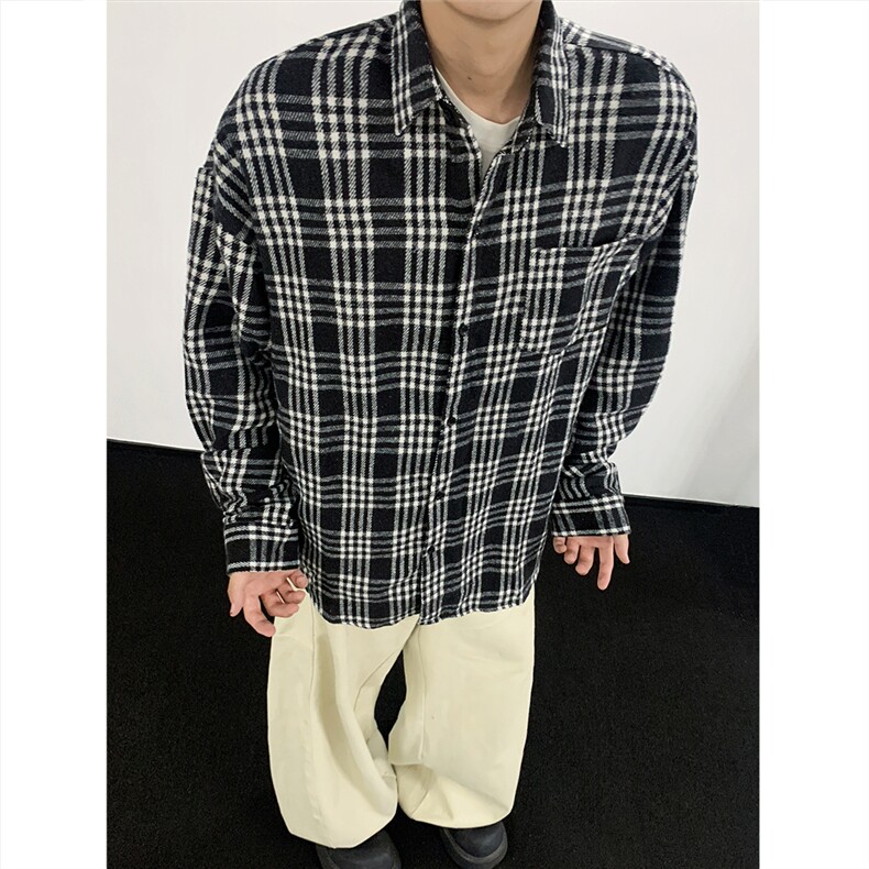 现货~磨毛格子大码长袖衬衫C5891/特P25黑色,男装衬衫,电商A094