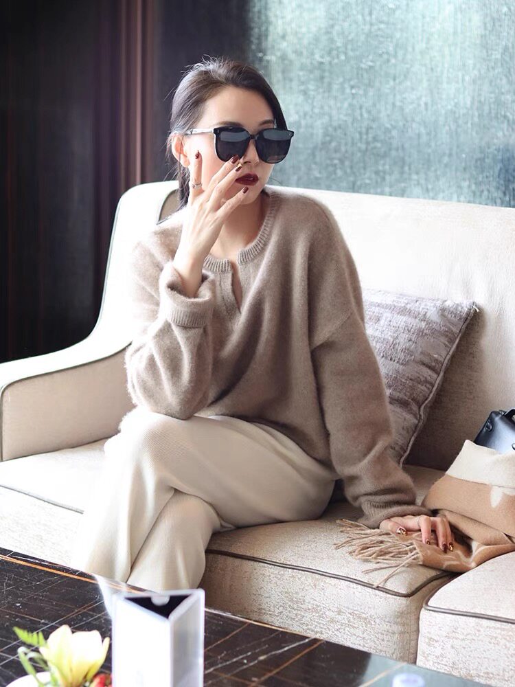 秋冬新款纯色V领套头羊毛衫女装宽松舒适打底外穿毛衣,女装羊毛衫,思途羊绒