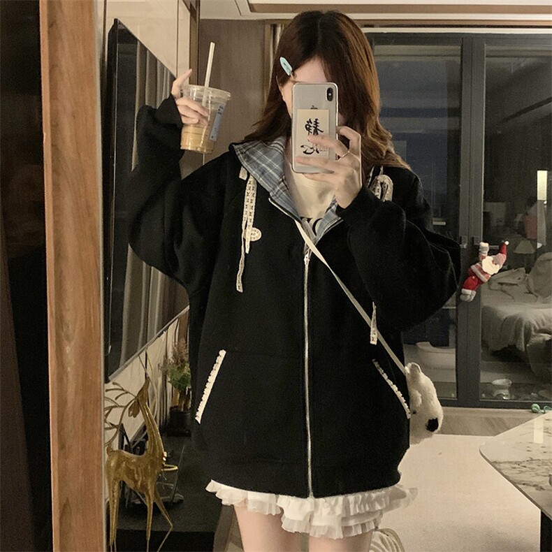 A481-P98甜美蕾丝抽绳连帽休闲时尚潮牌外套格子连帽卫衣春秋女，男装夹克，星座911