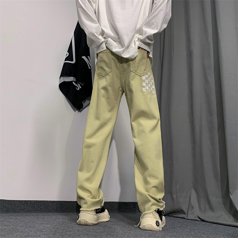 高街美式棋盘格刺绣牛仔裤男宽松阔腿设计感裤子N01352-P48,男装牛仔裤,星座308B-1