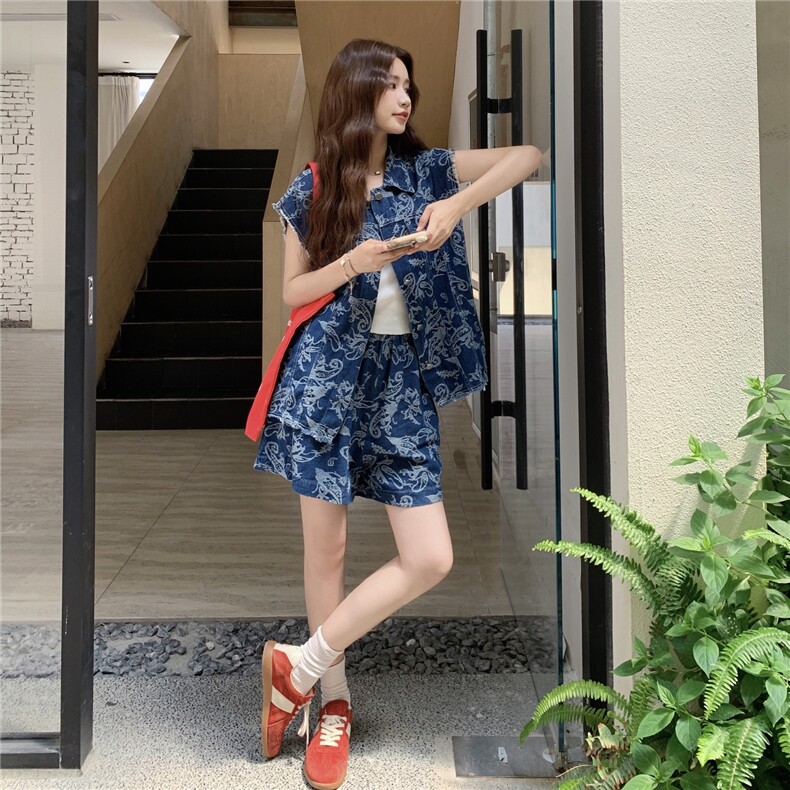 酷盐系时尚印花牛仔套装女2025夏季新款高级感马甲短裤休闲两件套,女装套装/套裙,2C283
