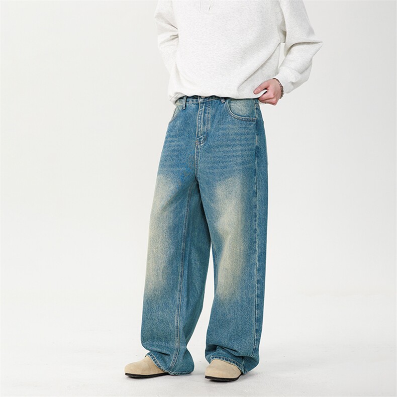 美式复古秋季男宽松直筒牛仔裤脚口磨破做旧水洗蓝牛仔裤，男装牛仔裤，星座216-1