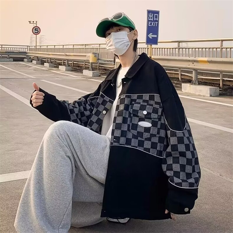 春秋季2023新款棋盘格外套男韩版情侣工装夹克港风宽松牛仔W99P65,男装夹克,星座1116-2