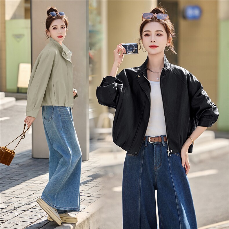 BAO现货外套女2026新款春秋季简约翻领软皮衣夹克上衣女装PU,女装皮衣,江南女神