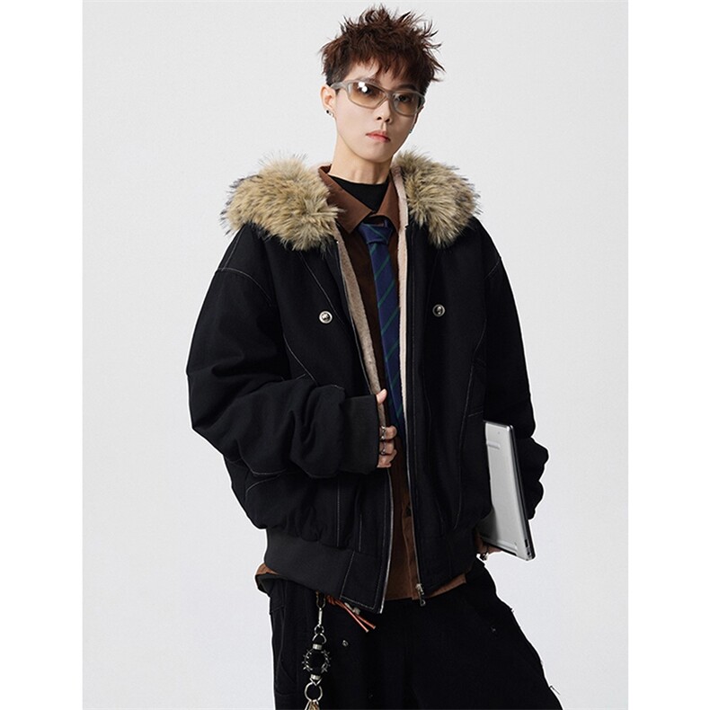 现货重磅boxy短款棉衣座山雕大毛毛领男女棉服水洗工装厚外套，男装棉衣，电商A486