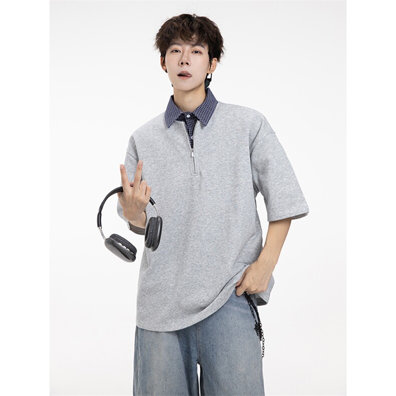 半拉链假两件衬衫领重磅短袖T恤男Polo衫夏季美式五分-8118-特P35，男装T恤，电商B289