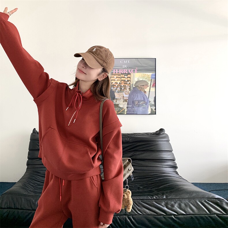 韩系慵懒chic红色休闲运动套装女2025春秋新款卫衣阔腿长裤两件套,女装套装/套裙,2C317A