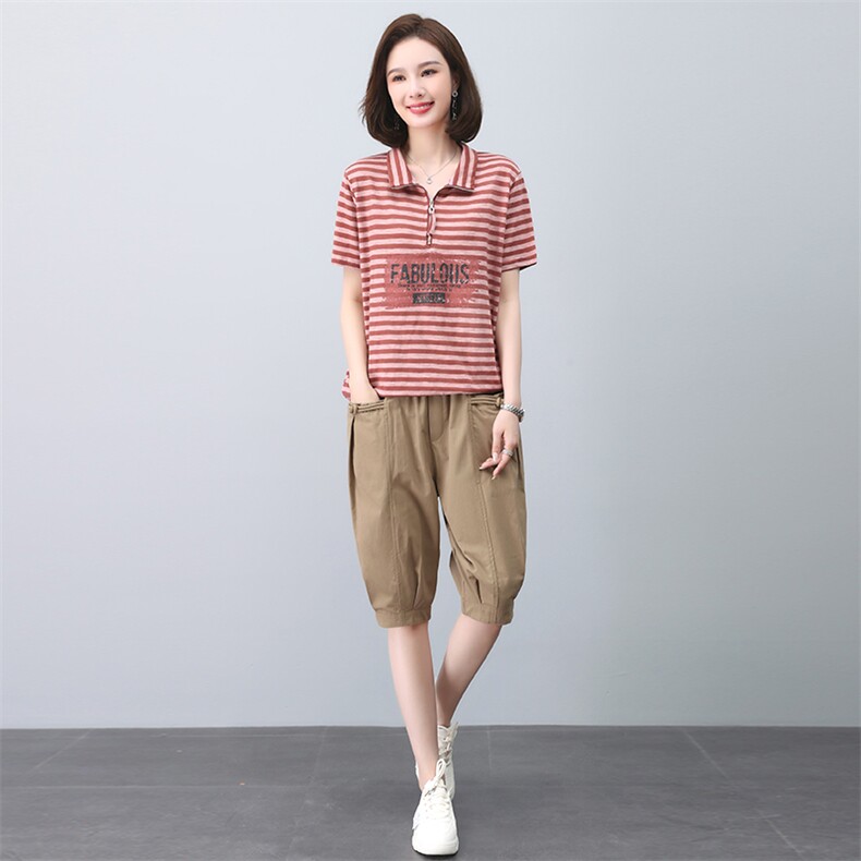 妈妈夏装套装女薄款2023年新款宽松休闲中年短袖T恤五分裤两件套,女装套装/套裙,忆绮罗