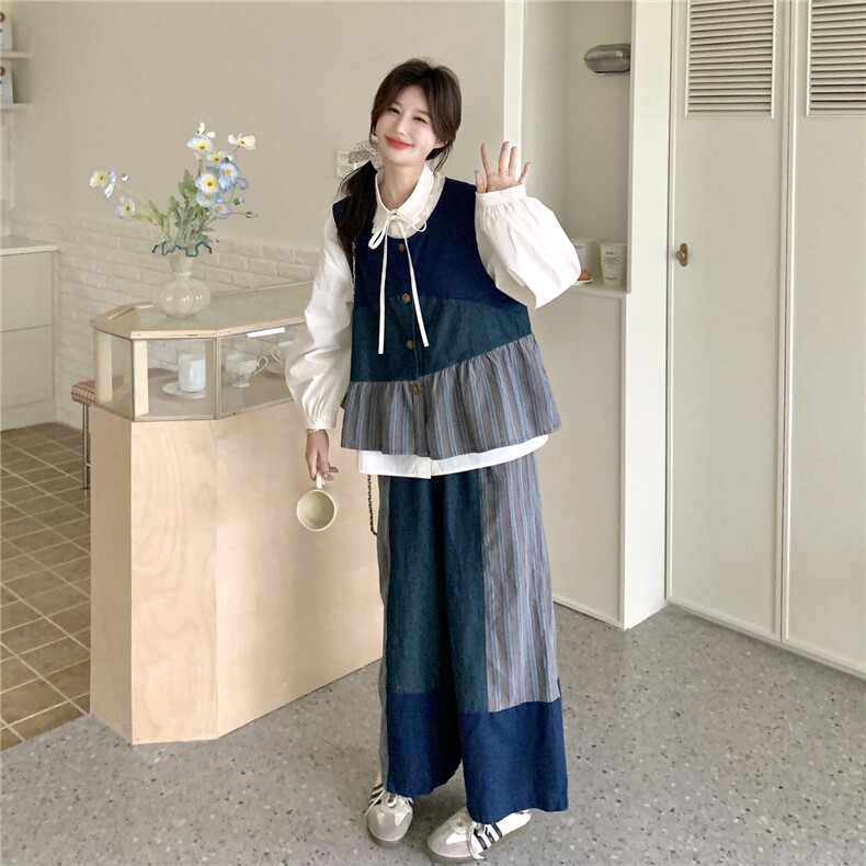 现货新款花边衬衫+马甲+阔腿裤三件套2C056-7205-P195控318,女装套装/套裙,2C056