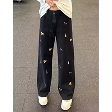 简约气质慵懒流行新款复古蓝趣味小狗刺绣牛仔裤男美式潮流，男装牛仔裤，四季星座505