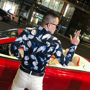 2021春秋衬衫社会男长袖上衣印花男装韩版修身四季潮流衬衣Q863-P55图片