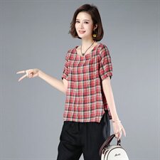 涵誉2021时尚大码宽松格子纯棉T恤女圆领短袖上衣潮流个性，女装T恤，涵誉