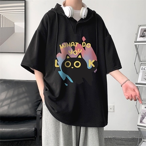 LD54454-P45 连帽短袖t恤男大码胖子带帽五分袖中袖图片