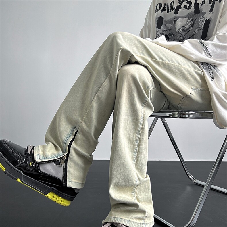 A062美式ins高街小众拉链牛仔裤泥黄色牛仔直筒裤K2317-P55，男装牛仔裤，电商A062