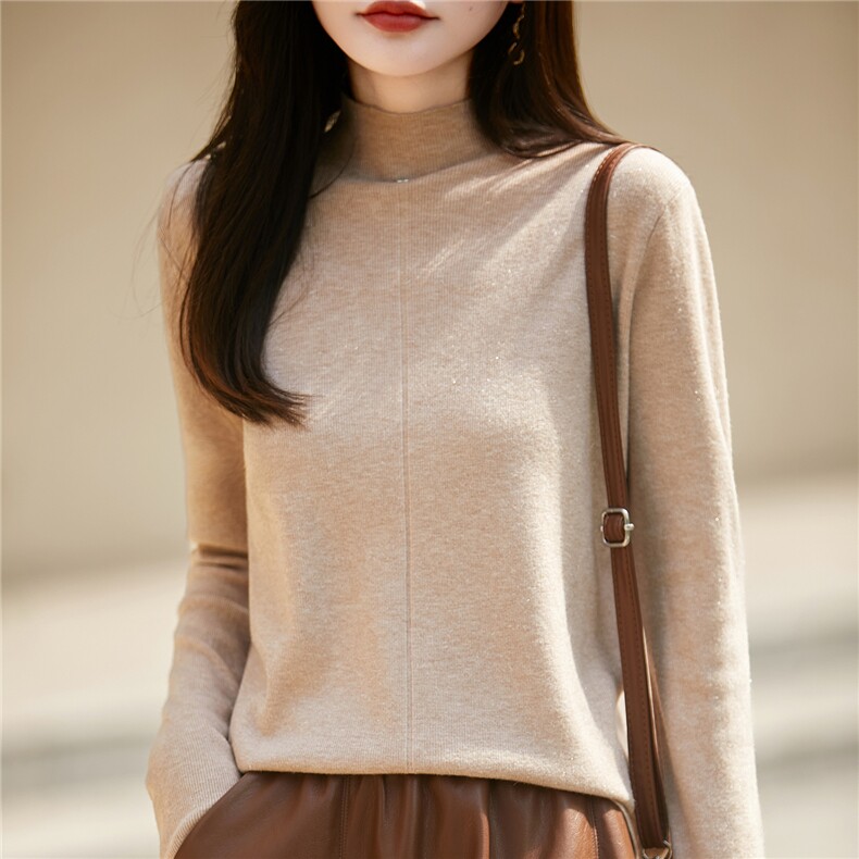 简约羊毛半高领毛衣女修身气质长袖2025秋冬季羊毛针织打底衫，女装羊毛衫，圣丽羊绒