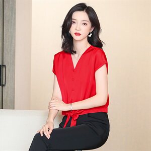 重磅真丝短袖衬衫女夏季2025新款气质V领设计感桑蚕丝短款上衣潮图片