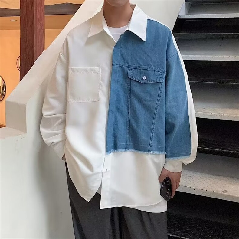衬衫男韩版潮流牛仔拼接帅2023春秋新款ins宽松百搭外套CY046-P43图片
