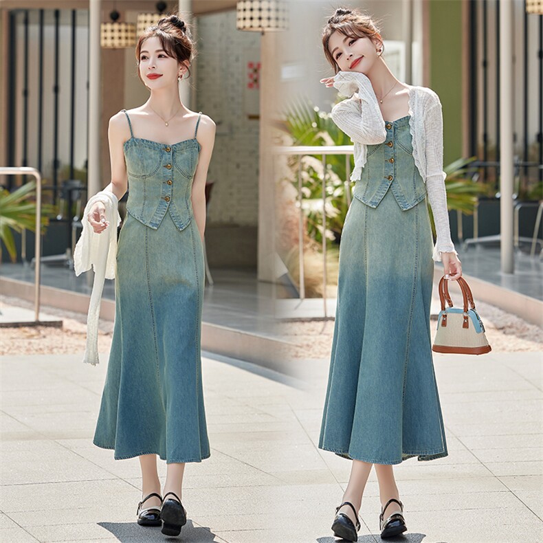 法式套装裙女夏开衫+吊带上衣+渐变牛仔鱼尾半身裙气质显瘦三件套，女装套装/套裙，印象茜