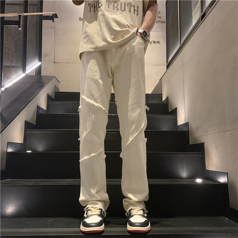 潮牌美式高街毛边牛仔裤男休闲黑色微喇叭长裤D0988P55,男装牛仔裤,电商D325