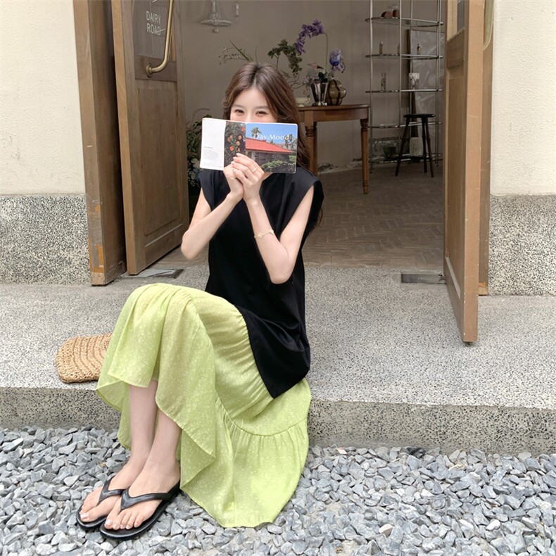 设计感拼接撞色连衣裙女2025夏季新款韩系气质荷叶边显瘦背心长裙,女装连衣裙,2C266
