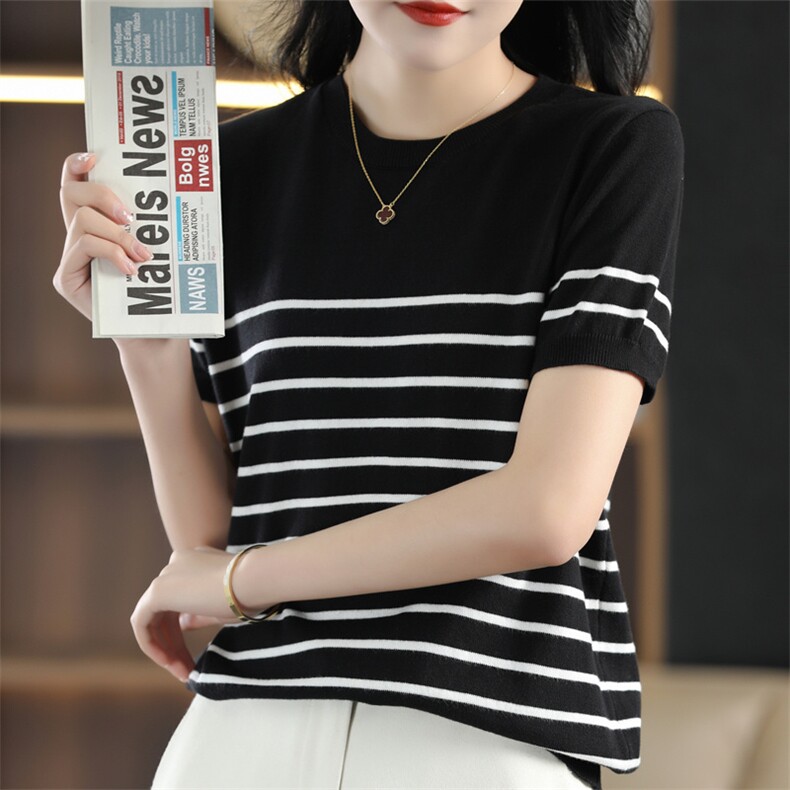 条纹短袖纯棉2025年夏季针织套头时尚上衣,针织衫/毛衣,斯美雅电商供货