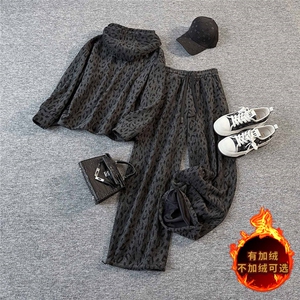 简约时尚休闲套装女秋冬新款韩系宽松显瘦连帽卫衣直筒长裤两件套图片