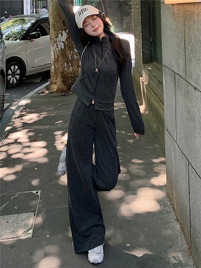 韩版休闲运动套装秋季新款女修身立领卫衣直筒长裤两件套洋气减龄,女装套装/套裙,江南