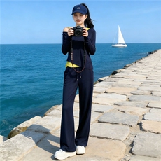春季新款超火穿搭一整套设计感撞色真两件露肩长袖上衣长裤三件套，女装套装/套裙，江南