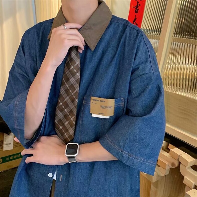复古牛仔翻领短袖衬衫男女2024夏季新款宽松百搭设计感衬衣~C160,男装衬衫,星座601-2