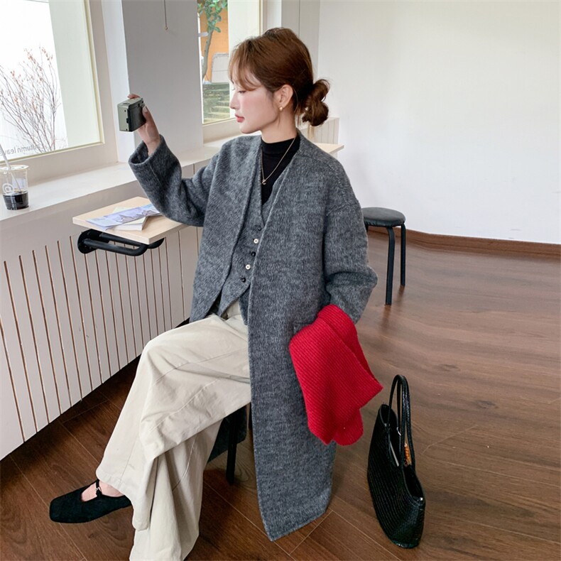 新品灰色假两件长款双面羊毛大衣1C045-H3528P295K438,女装毛呢外套,红龙果