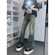 【有货】DT69-P50美式复古做旧水洗黄微喇叭牛仔裤男宽松直筒裤，男装牛仔裤，星座603-2