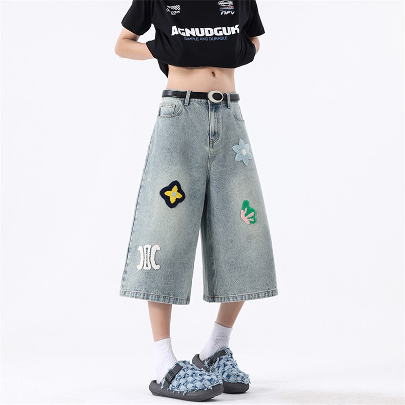 B221美式ins高街宽松毛巾绣牛仔裤七分裤短裤LK25551-特P45控78，男装牛仔裤，电商B221