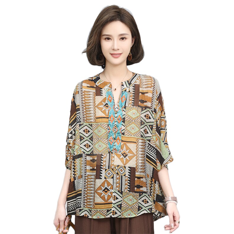叶笙衣夏季宽松显瘦民族风印花T恤女短袖上衣大码女装休闲百搭,女装T恤,叶笙衣