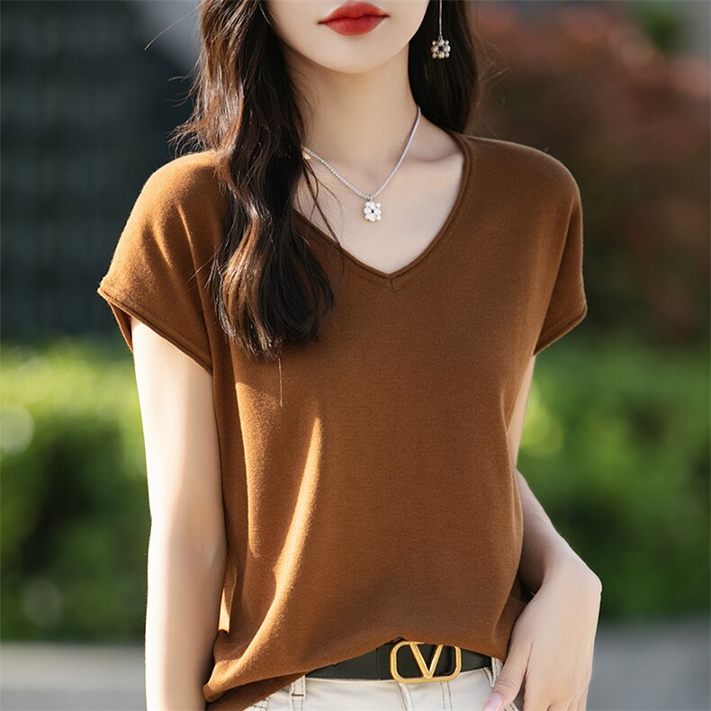 高级感纯色V领温柔风针织短袖T恤女夏季新款宽松休闲简约百搭上衣,针织衫/毛衣,片语羊绒