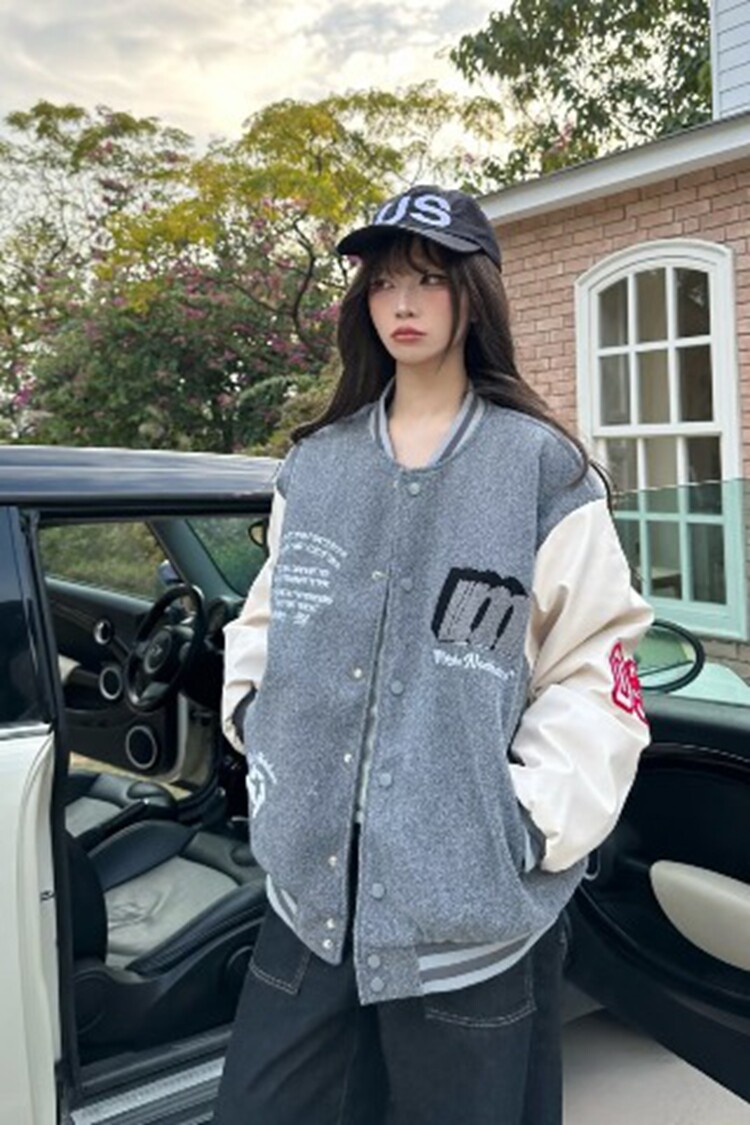 美式高街徽章拼接撞色棒球服外套男女春季潮牌情侣刺绣宽松夹克,男装夹克,星座218-8