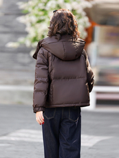 时尚格纹拼接连帽短款羽绒服女2025冬季加厚保暖小个子白鸭绒外套，女装羽绒服，歌伊格美