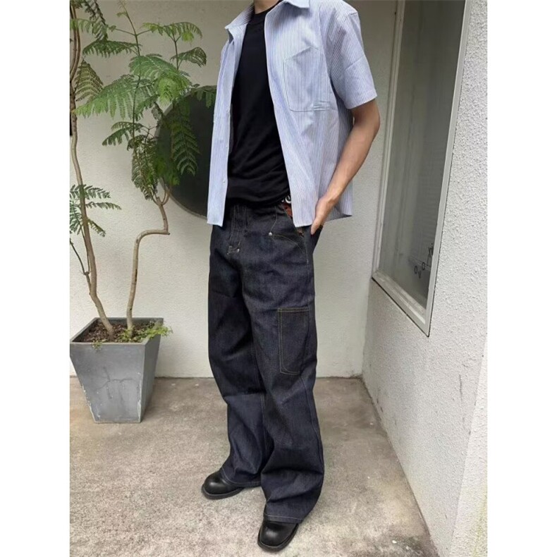 GG美式丹宁蓝设计感宽松直筒刺绣牛仔裤男hiphop休闲vibe风长裤,男装牛仔裤,四季星座505
