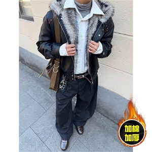 现货冬季美式潮牌痞帅PU皮机车服棉衣毛毛绒狼王座山雕皮棉服图片
