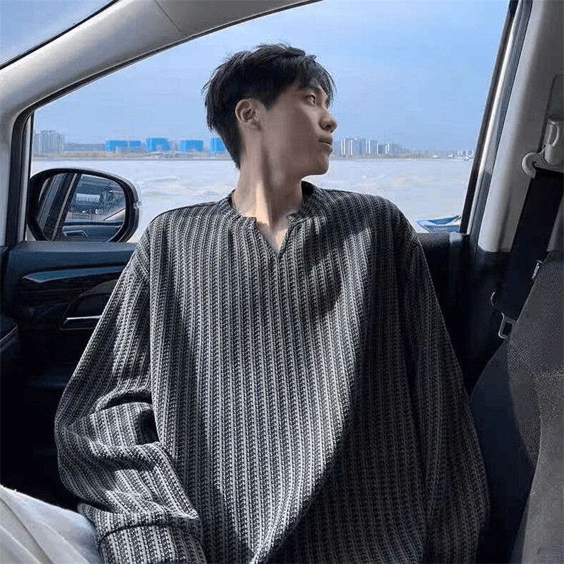 美式高街千鸟格子长袖T恤男女亨利V领英伦雅痞休闲宽松长袖打底衫，男装T恤，电商A486