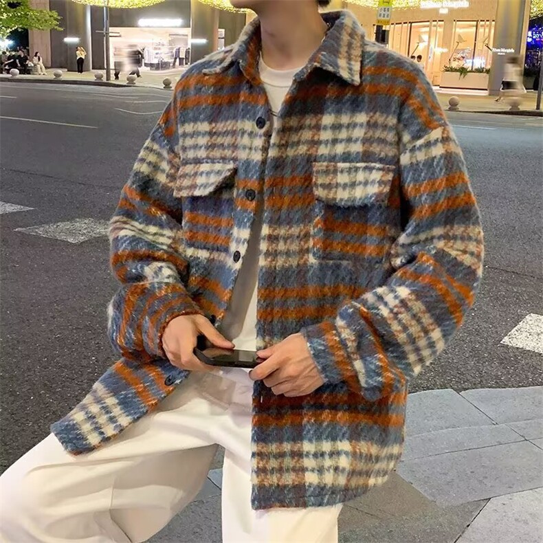 秋冬季新款格子男宽松高级感痞帅长袖毛呢大衣美式复古潮牌外套,男装毛呢大衣,星座1210-1
