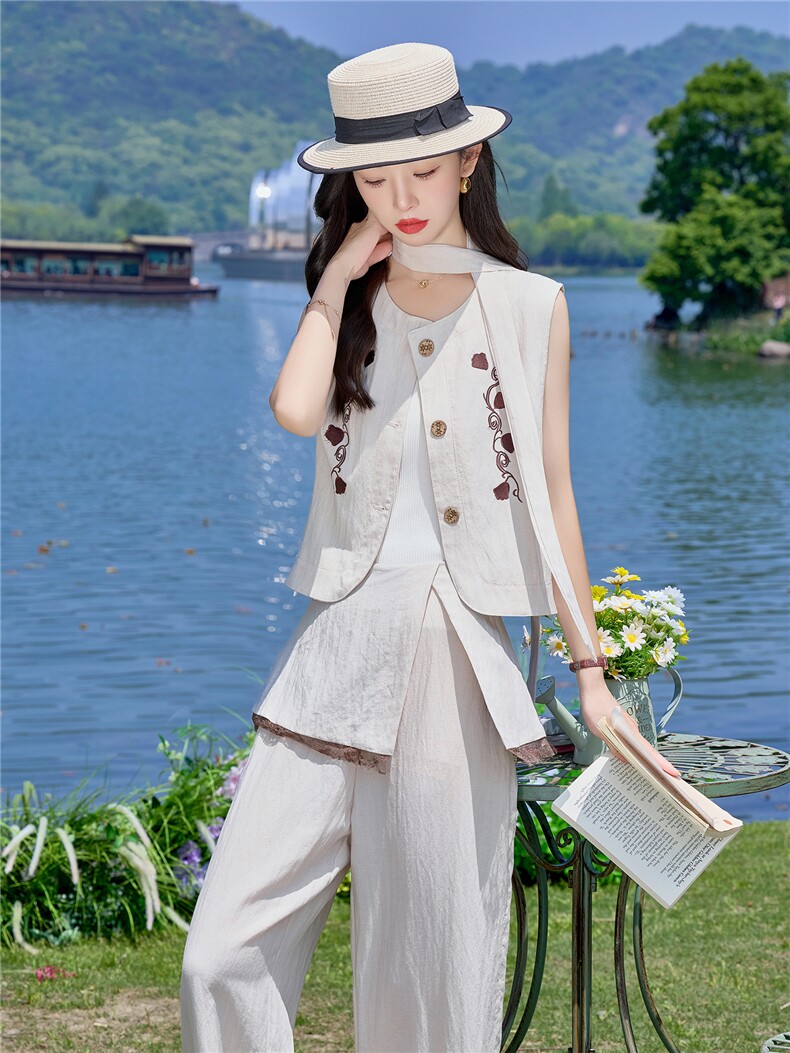 （新款现货）2026夏装时尚莱赛尔蕾丝刺绣马甲+屁帘阔腿裤两件套,女装套装/套裙,印象茜